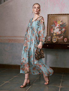 Botanical Bird Print Silk Dress - Social Queen