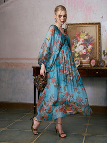 Botanical Bird Print Silk Dress - Social Queen