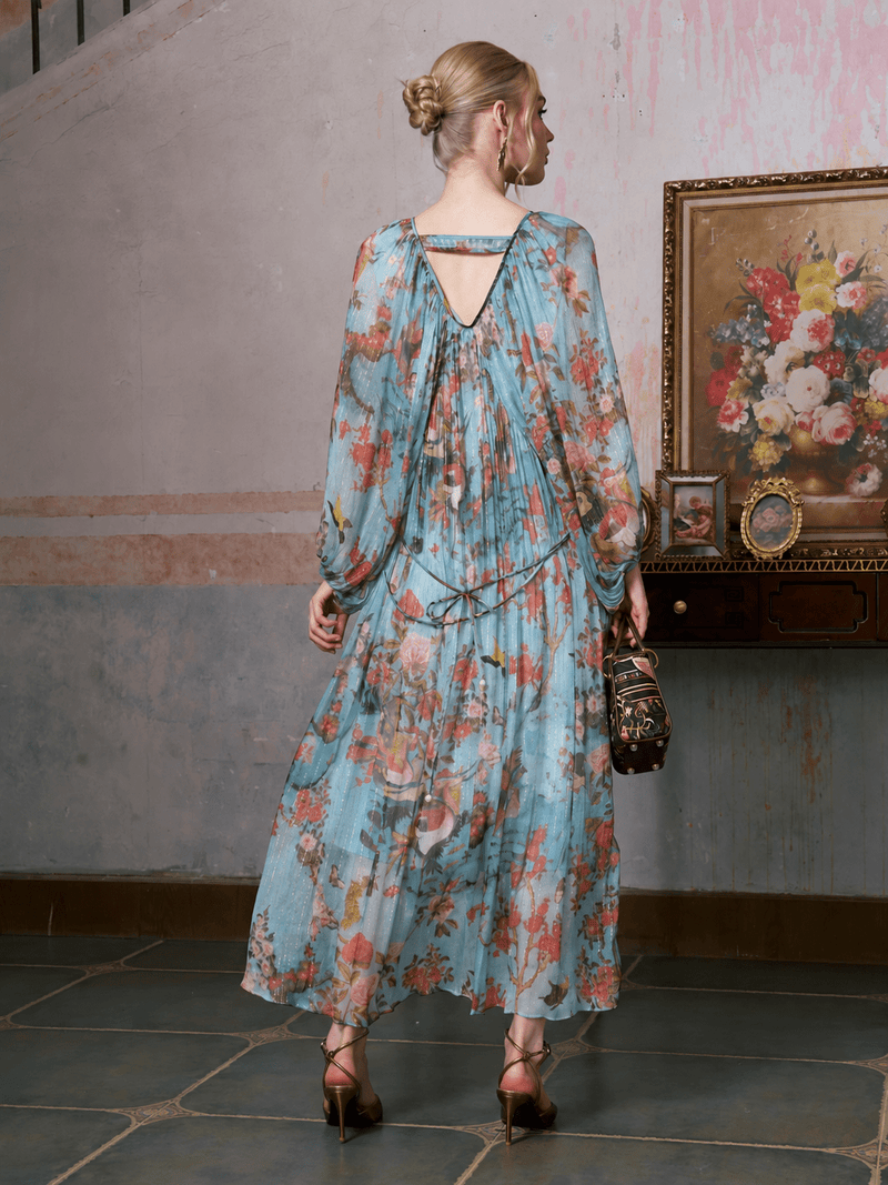 Botanical Bird Print Silk Dress - Social Queen
