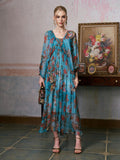 Botanical Bird Print Silk Dress - Social Queen