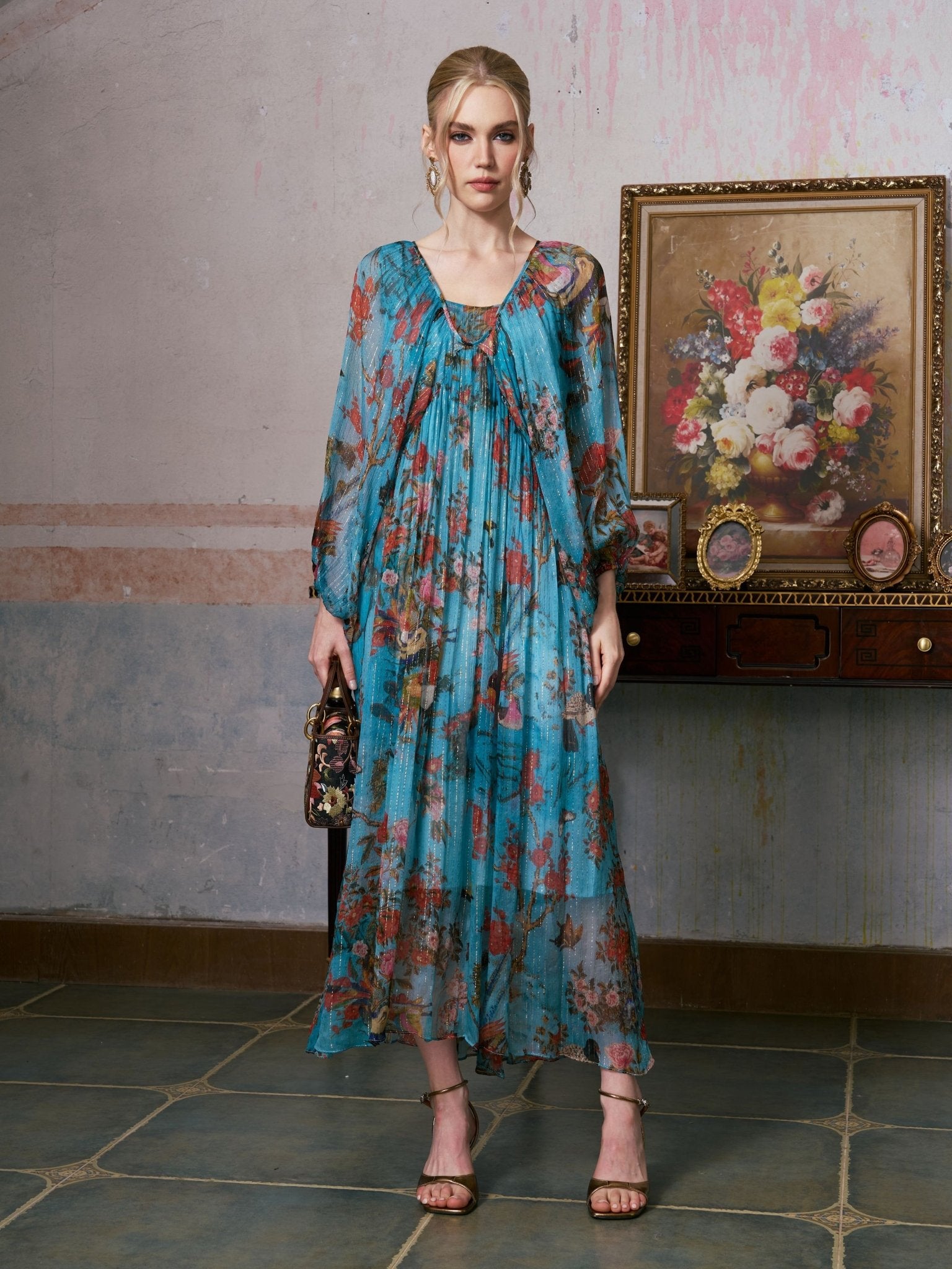 Botanical Bird Print Silk Dress - Social Queen