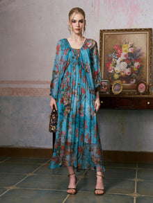 Botanical Bird Print Silk Dress - Social Queen
