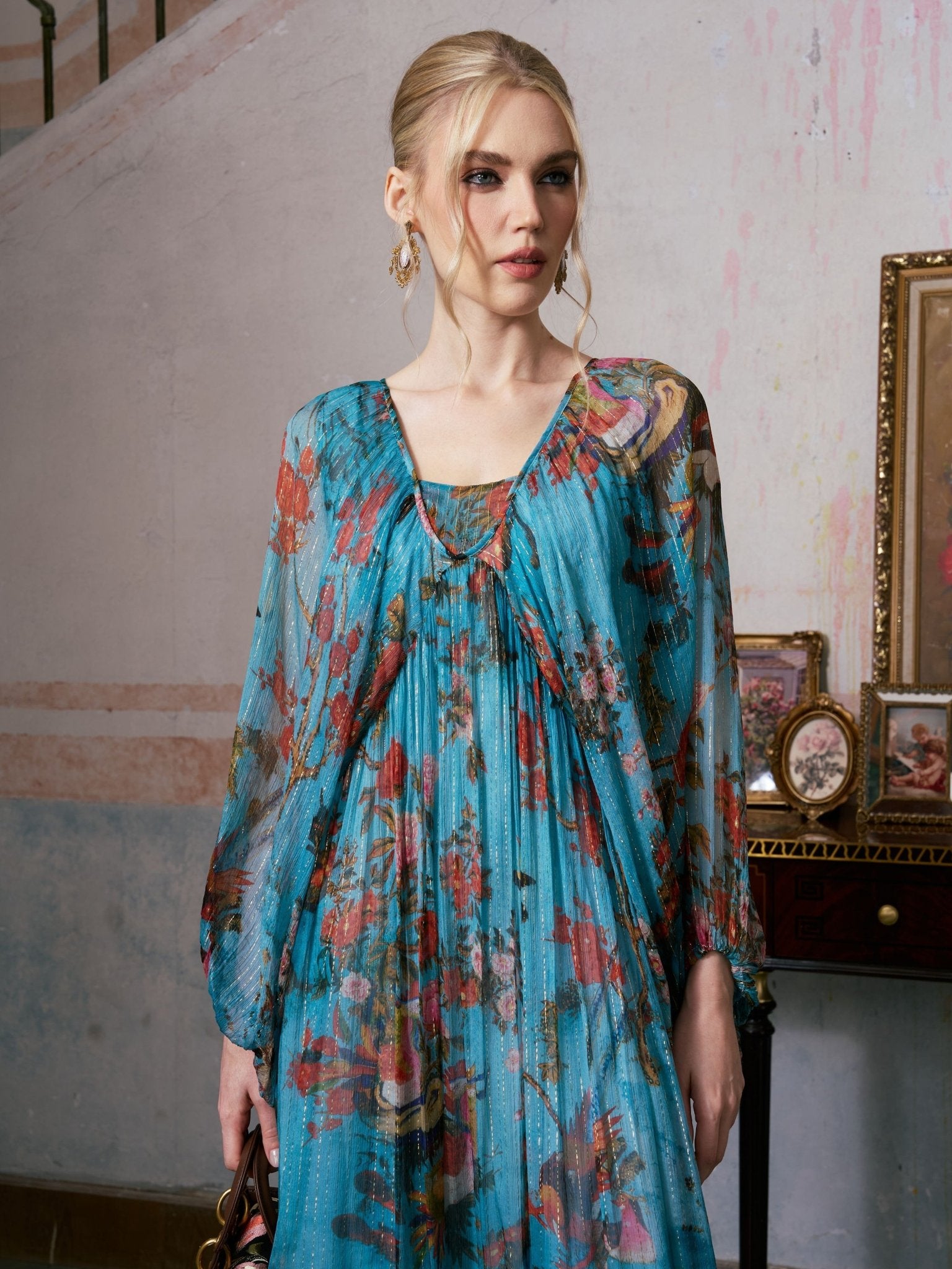 Botanical Bird Print Silk Dress - Social Queen