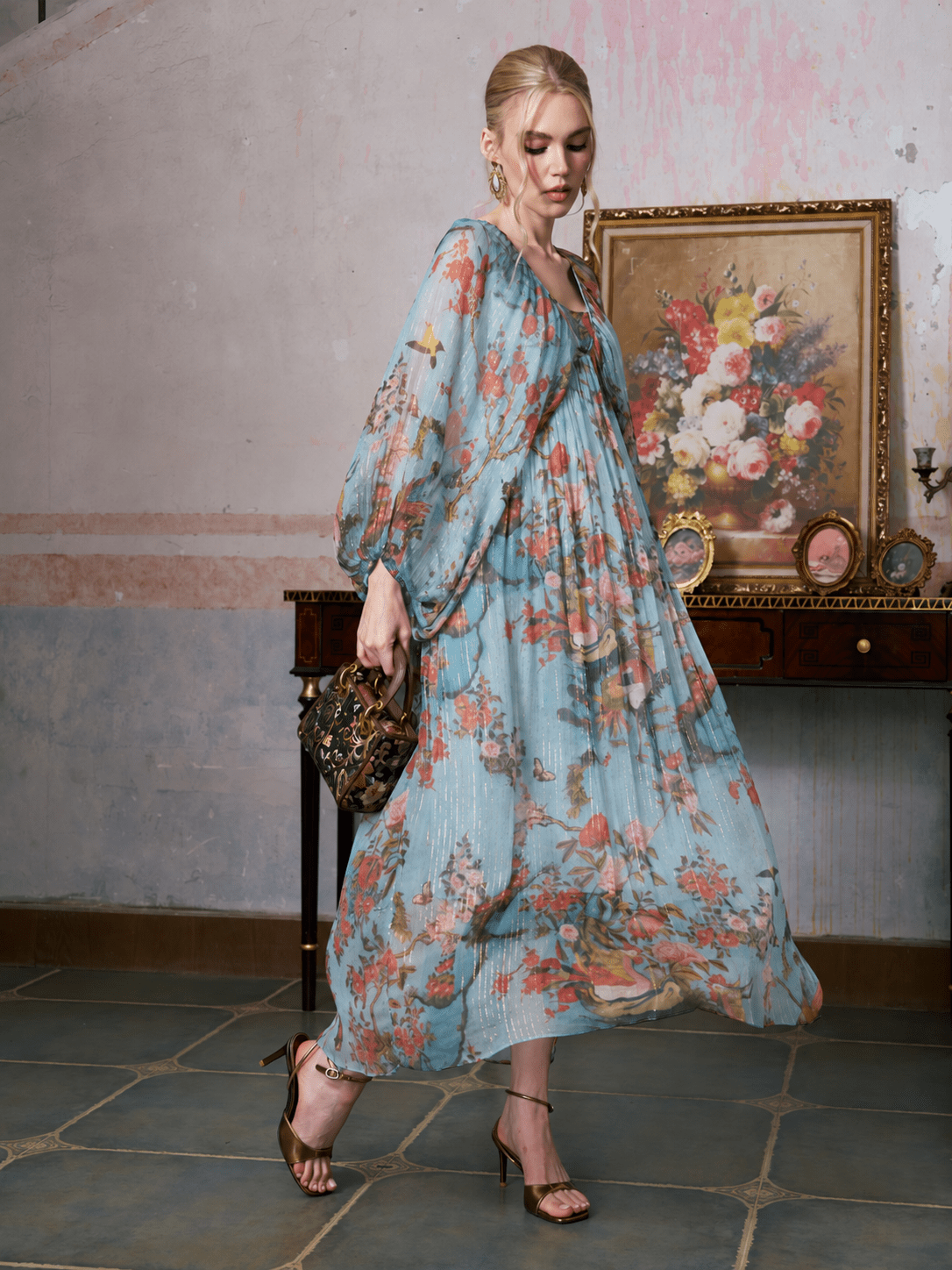 Botanical Bird Print Silk Dress - Social Queen