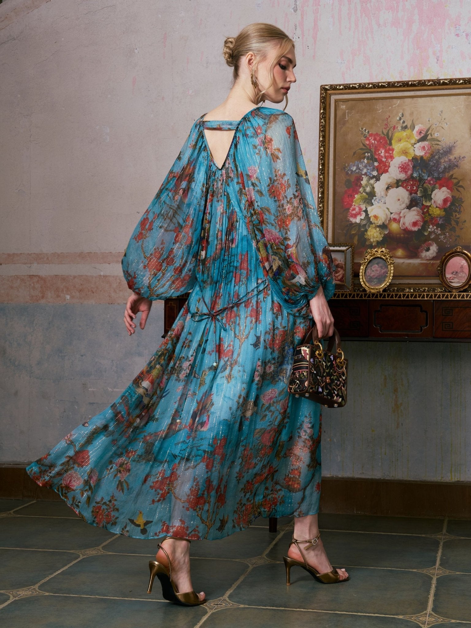 Botanical Bird Print Silk Dress - Social Queen