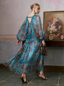 Botanical Bird Print Silk Dress - Social Queen