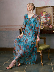Botanical Bird Print Silk Dress - Social Queen