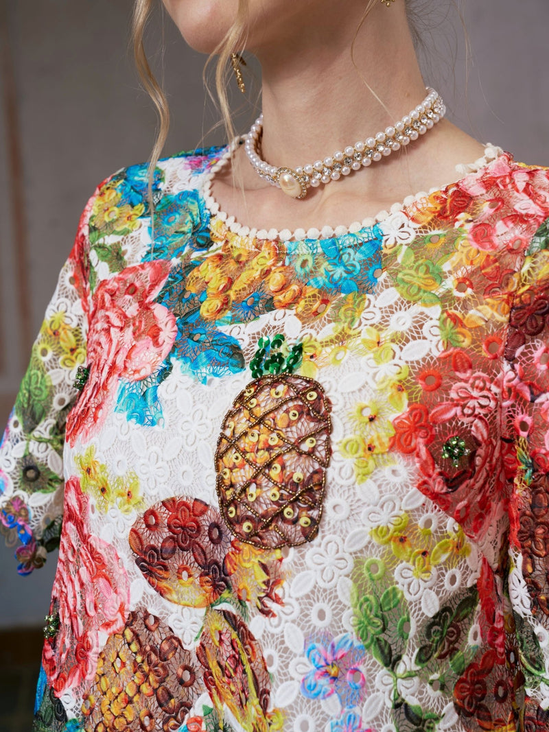 Botanical Fruit Print Lace Dress - Social Queen