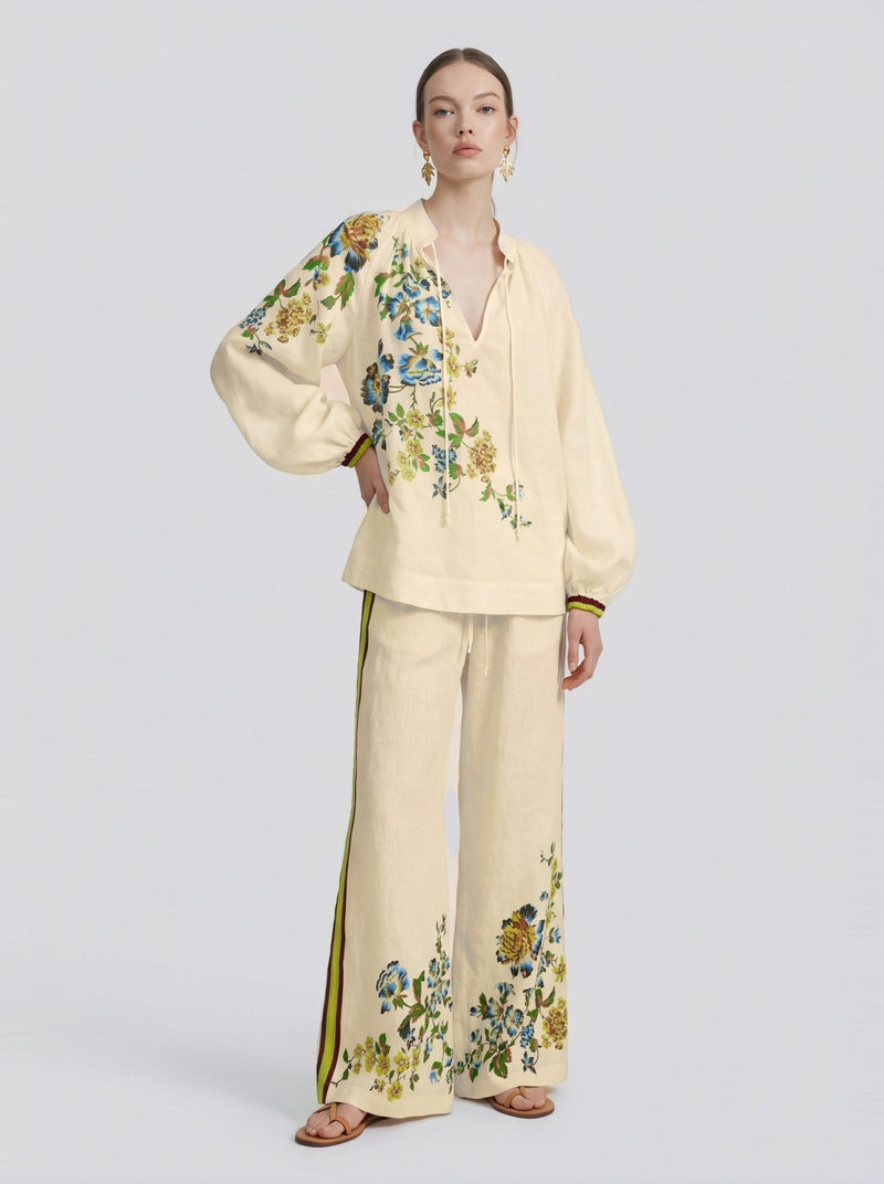 Botanical Print Linen Wide-Leg Pants - Social Queen