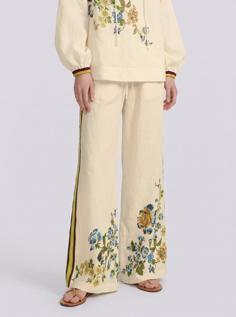 Botanical Print Linen Wide-Leg Pants - Social Queen