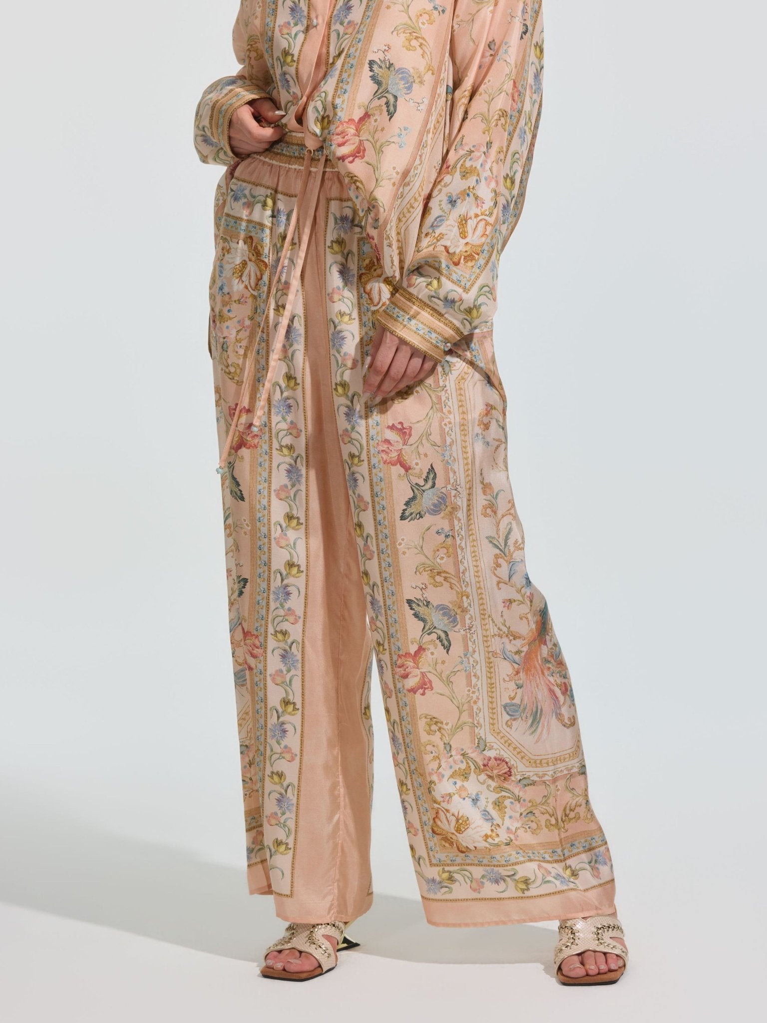 Botanical Print Mulberry Silk Wide-Leg Pants - Social Queen
