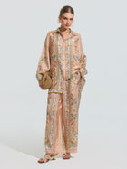 Botanical Print Mulberry Silk Wide-Leg Pants - Social Queen