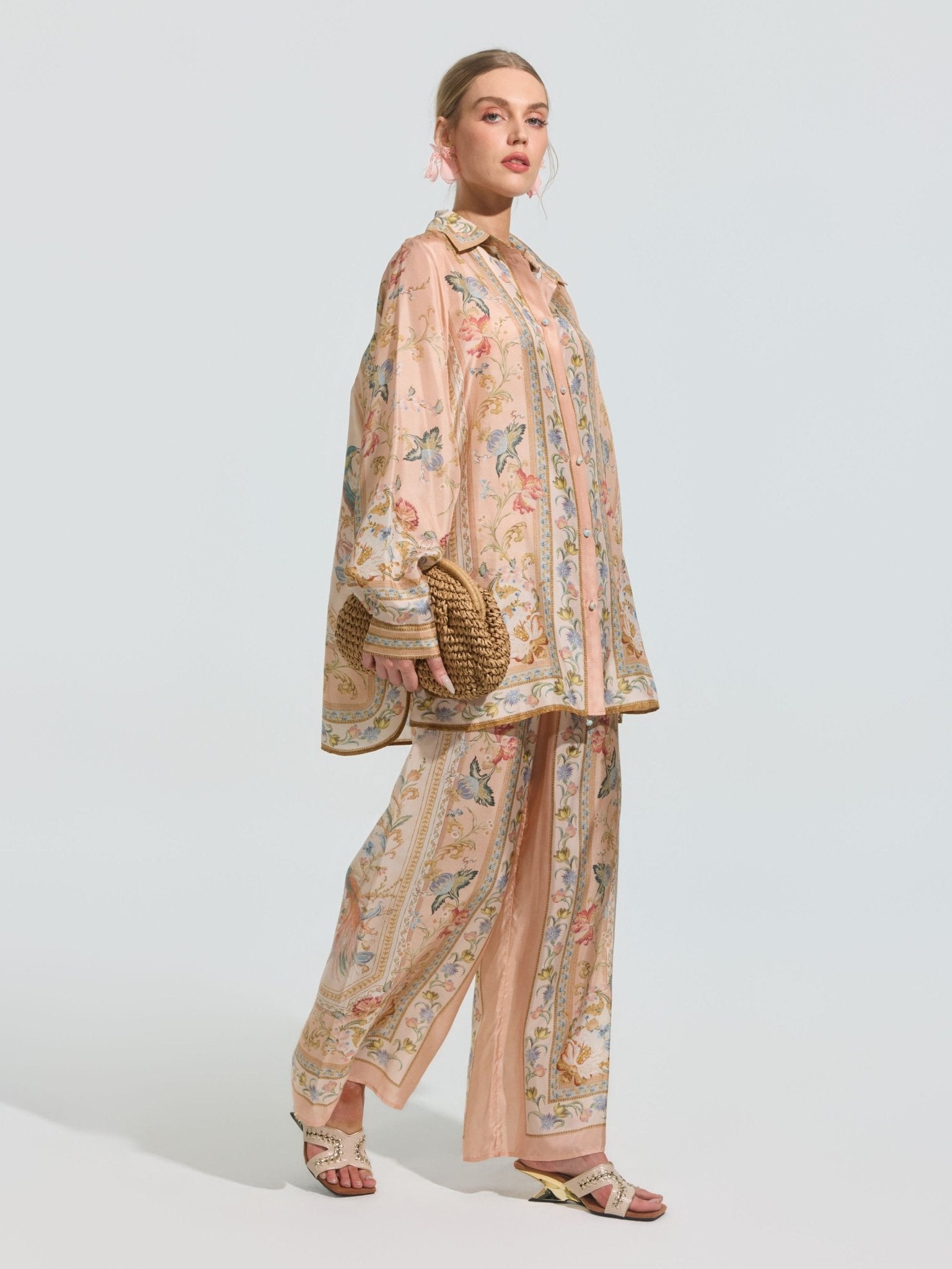 Botanical Print Mulberry Silk Wide-Leg Pants - Social Queen