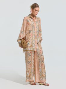 Botanical Print Mulberry Silk Wide-Leg Pants - Social Queen