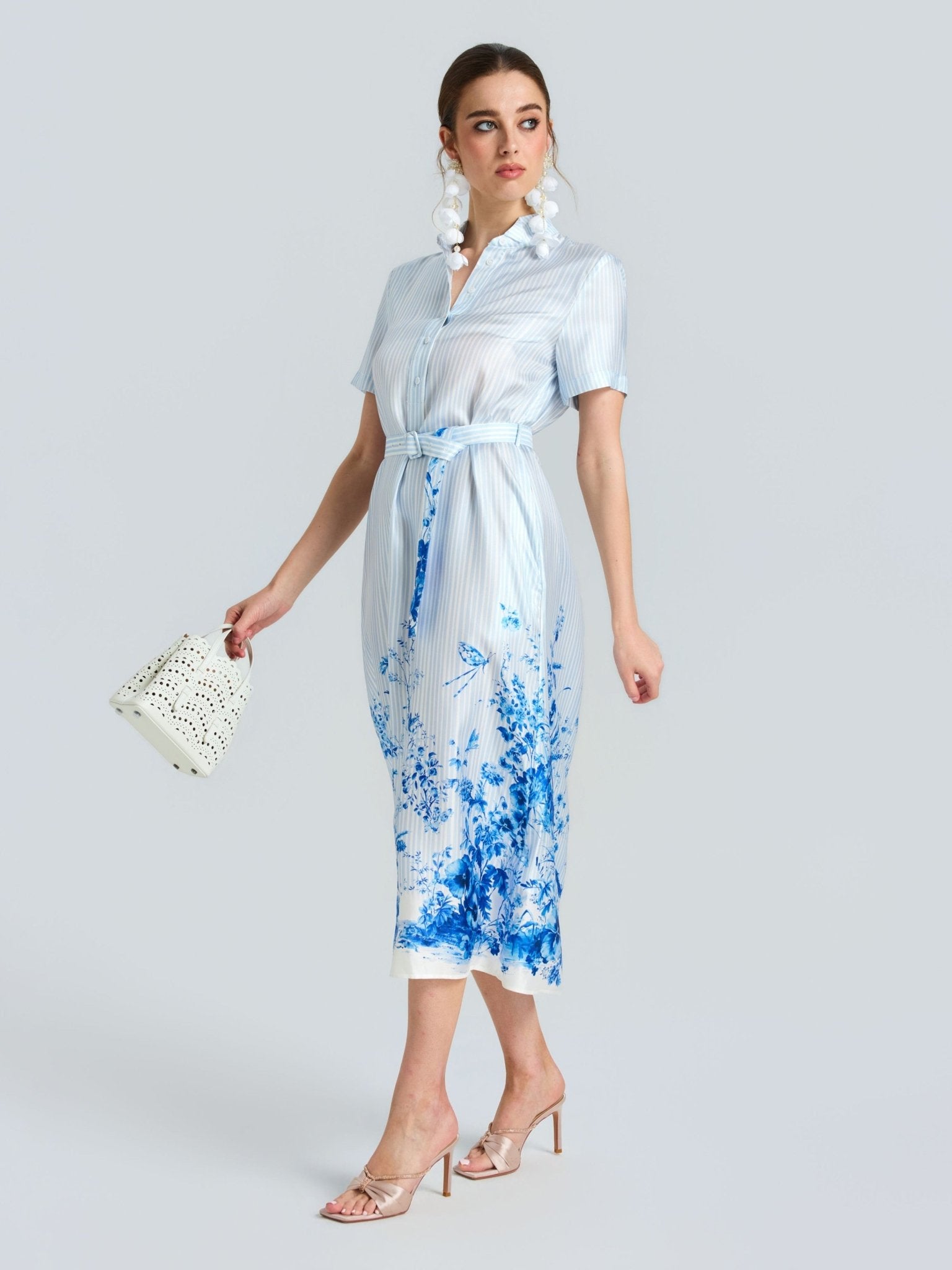 Botanical Stripe Print Silk Shirt Dress - Social Queen