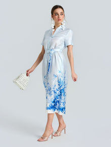 Botanical Stripe Print Silk Shirt Dress - Social Queen