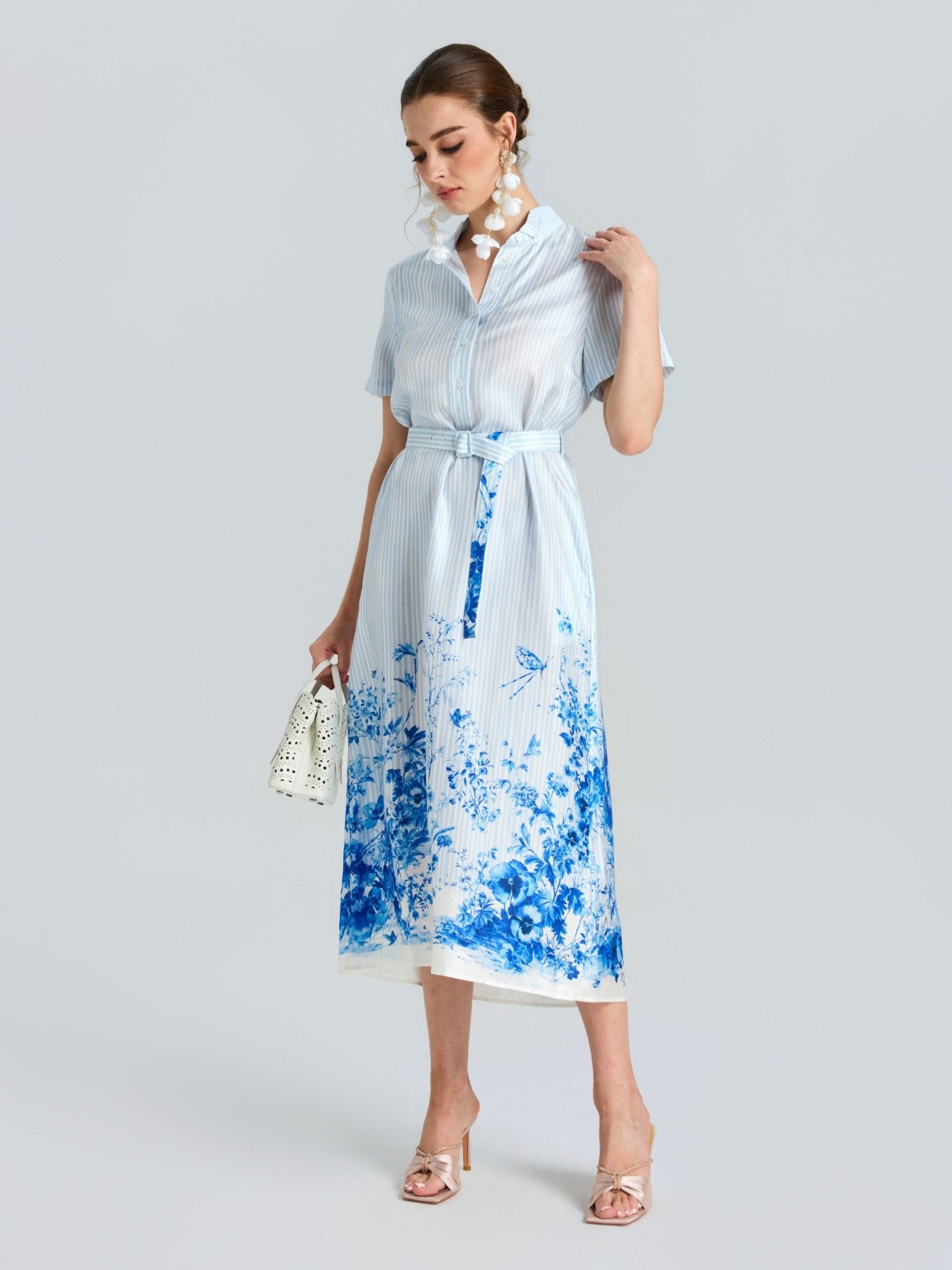 Botanical Stripe Print Silk Shirt Dress - Social Queen