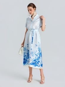 Botanical Stripe Print Silk Shirt Dress - Social Queen