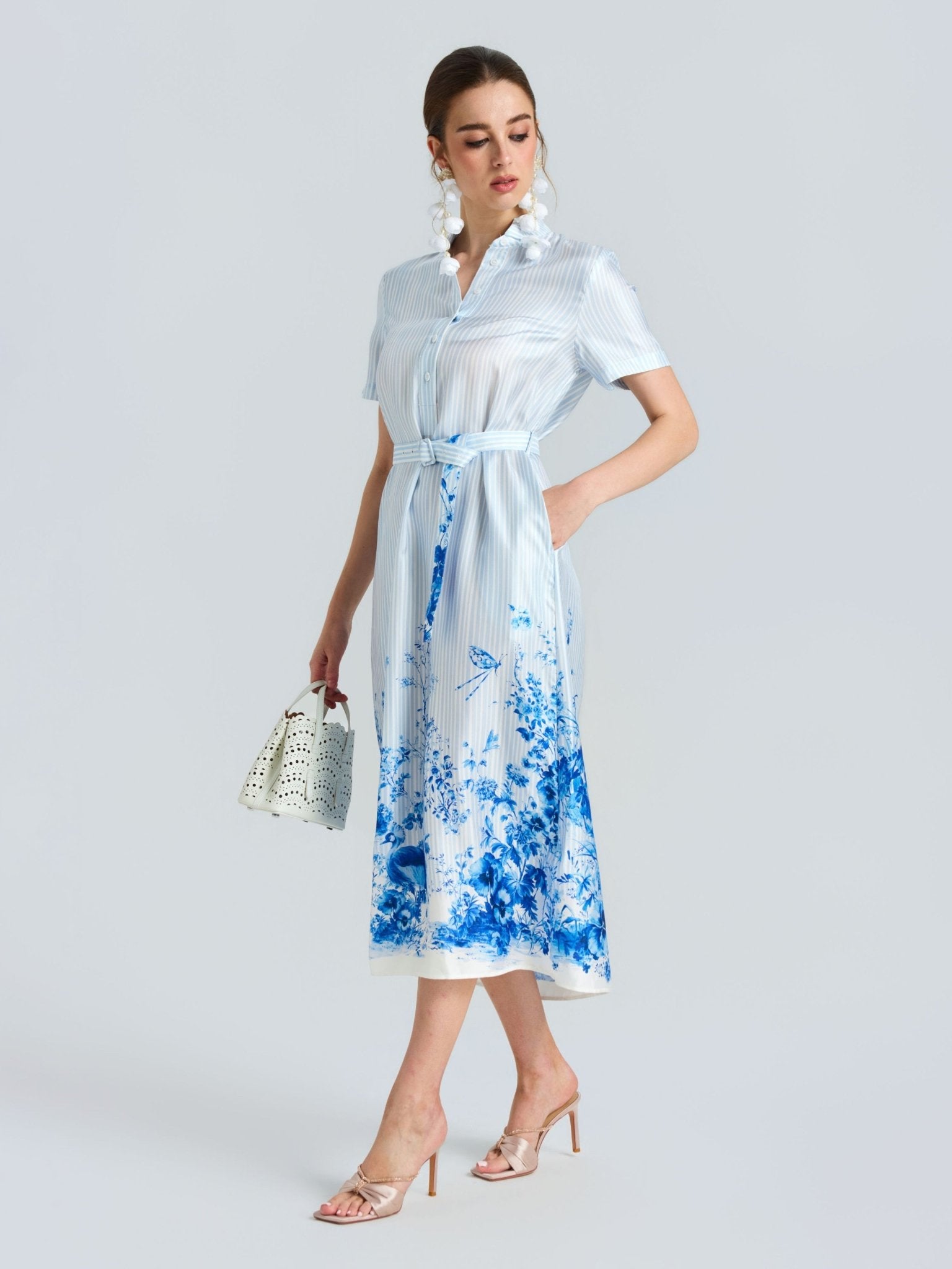 Botanical Stripe Print Silk Shirt Dress - Social Queen