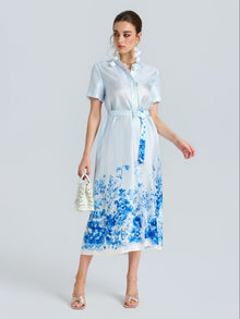 Botanical Stripe Print Silk Shirt Dress - Social Queen