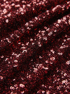 Close-up of the Social Queen Burgundy Sequin V-Neck Slit Dress, highlighting its shimmering sequins and graceful folds for a sophisticated evening look.
