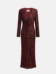 The Social Queen Burgundy Sequin V-Neck Slit Dress features long sleeves, a deep V-neck, ruched waist detail, and is shown on a plain white background.