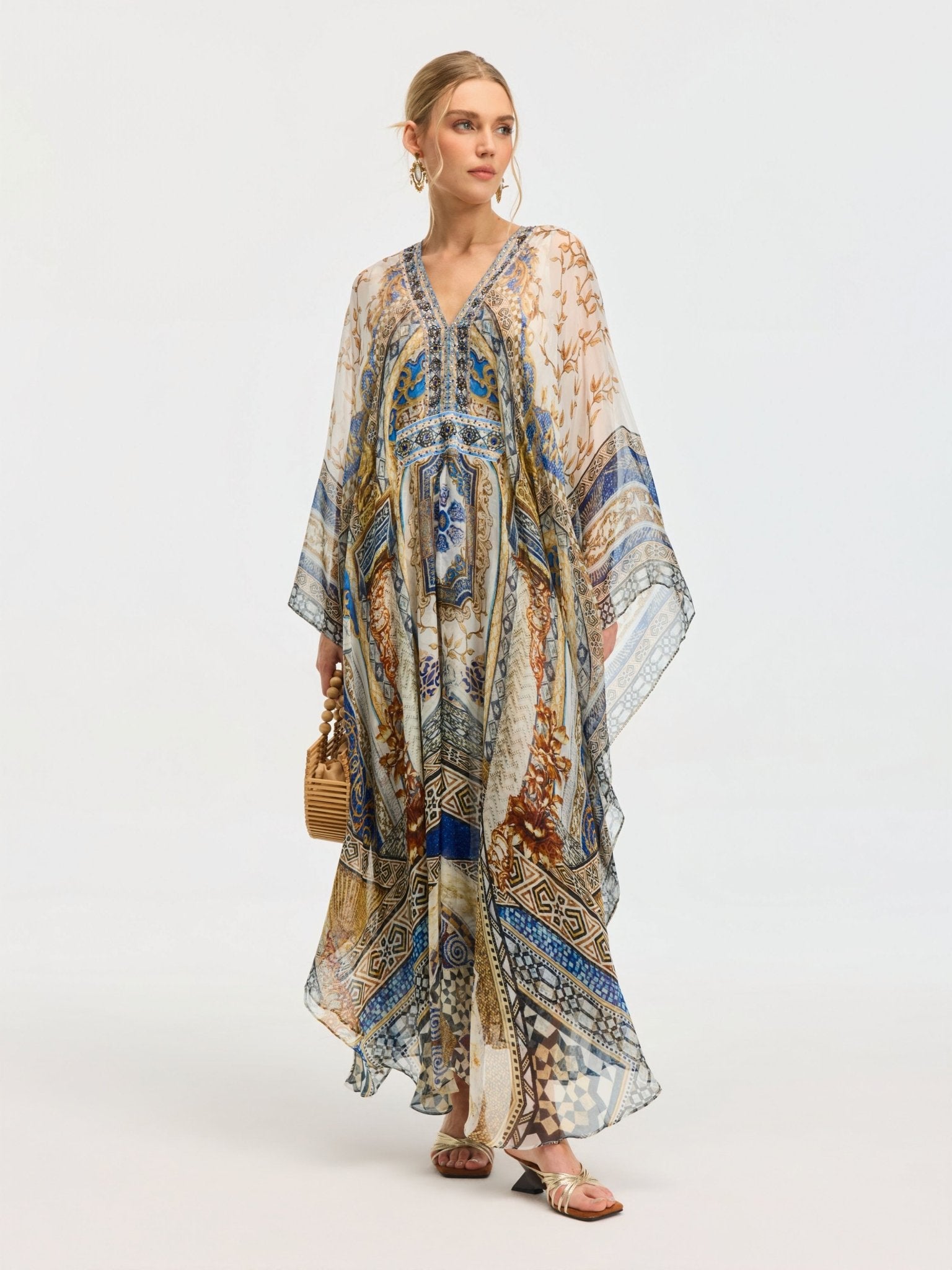 Byzantine Print Silk Caftan Dress - Social Queen