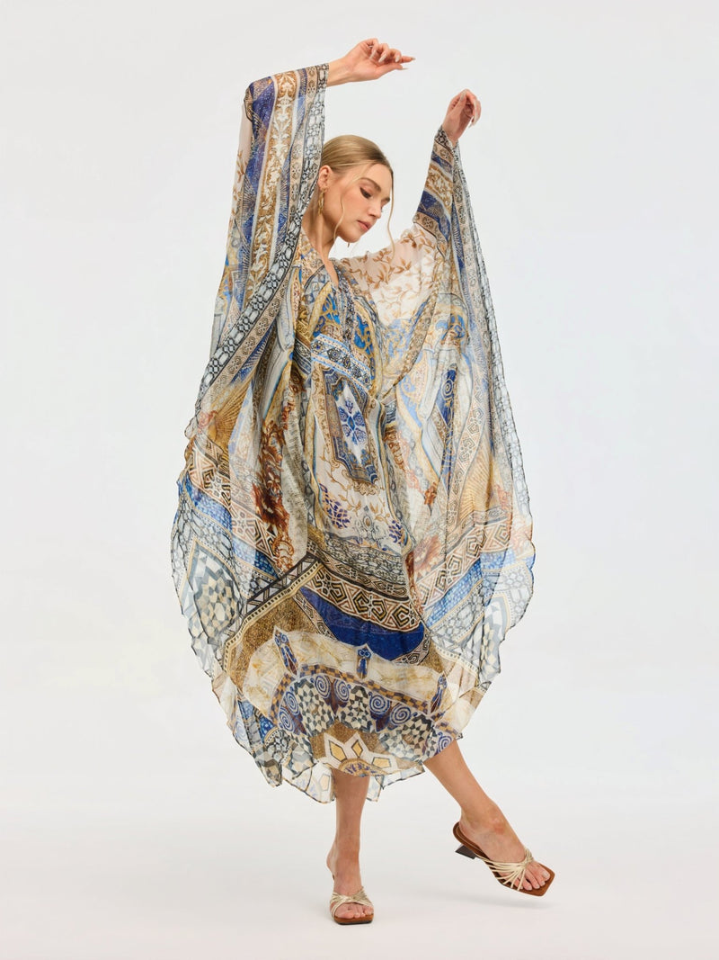 Byzantine Print Silk Caftan Dress - Social Queen