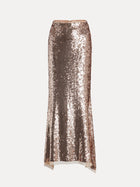 The Champagne Sequin Mermaid Skirt by Social Queen features a long, fitted silhouette with rose gold sequins and a slight flare at the hem, shown against a plain white background.