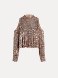 The Champagne Sequin Off-Shoulder Top by Social Queen features sparkling champagne sequins, elegant off-shoulder design, a high neckline, and long sleeves.