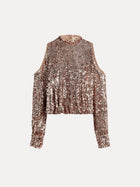 The Champagne Sequin Off-Shoulder Top by Social Queen features sparkling champagne sequins, elegant off-shoulder design, a high neckline, and long sleeves.