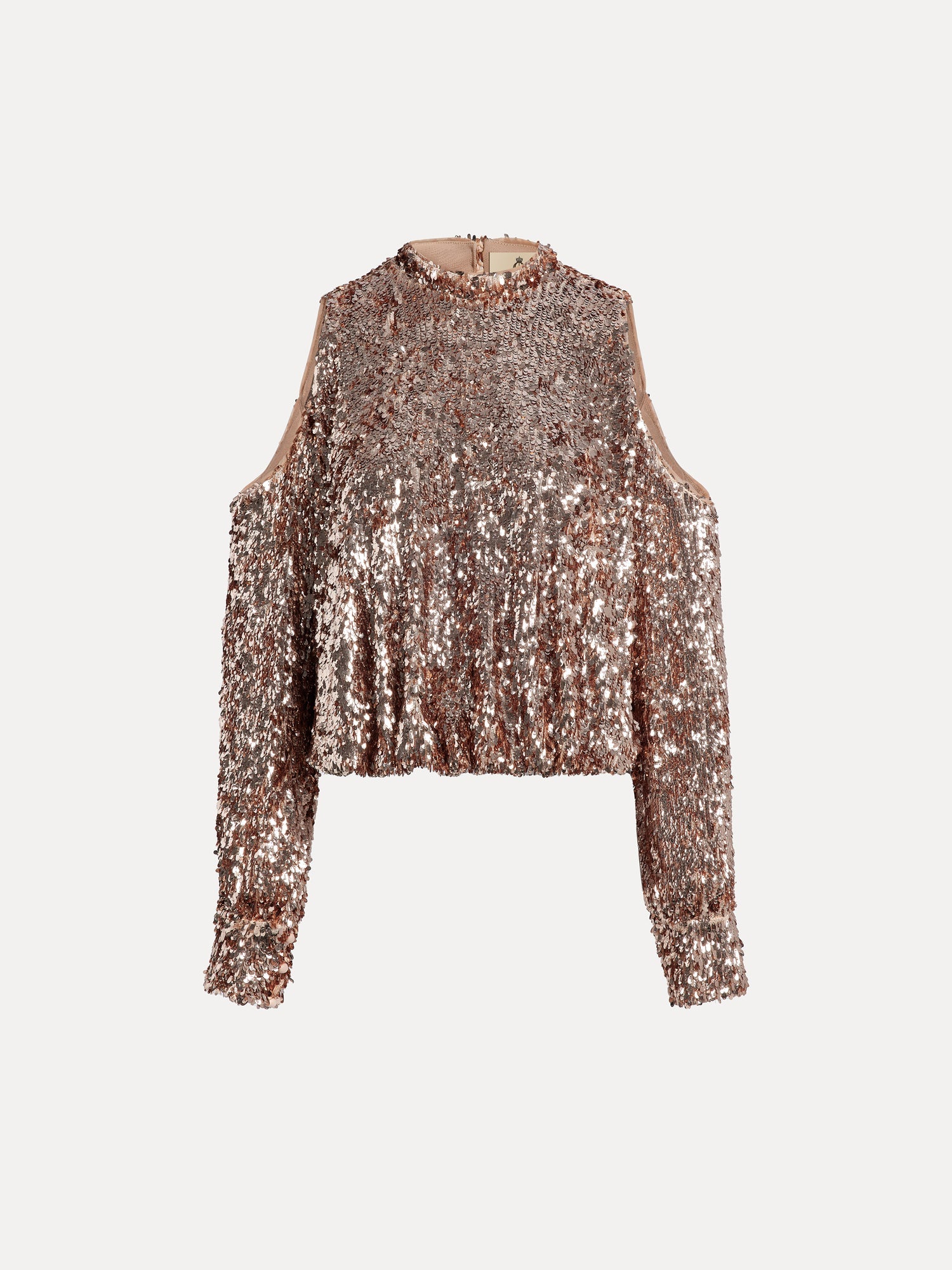 The Champagne Sequin Off-Shoulder Top by Social Queen features sparkling champagne sequins, elegant off-shoulder design, a high neckline, and long sleeves.