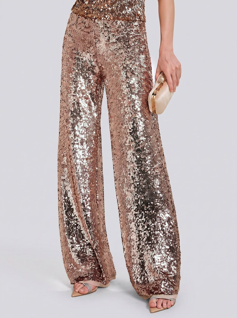 Champagne Sequin Wide-Leg Pants - Social Queen