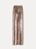 The Social Queen Champagne Sequin Wide-Leg Pants are high-waisted, party-ready trousers covered in shimmering sequins and showcased against a plain white background.