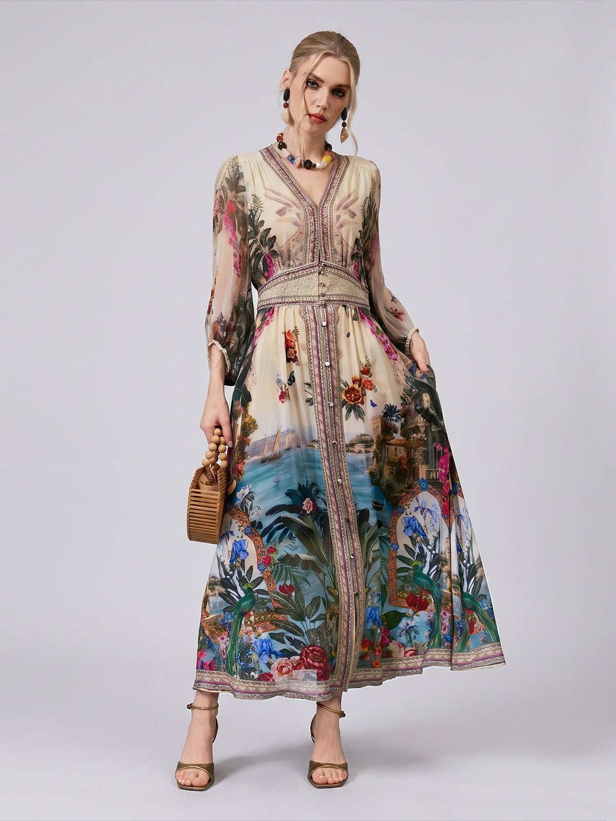 Coastal Print Mulberry Silk Dress - Social Queen