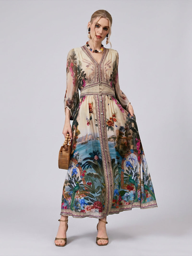 Coastal Print Mulberry Silk Dress - Social Queen