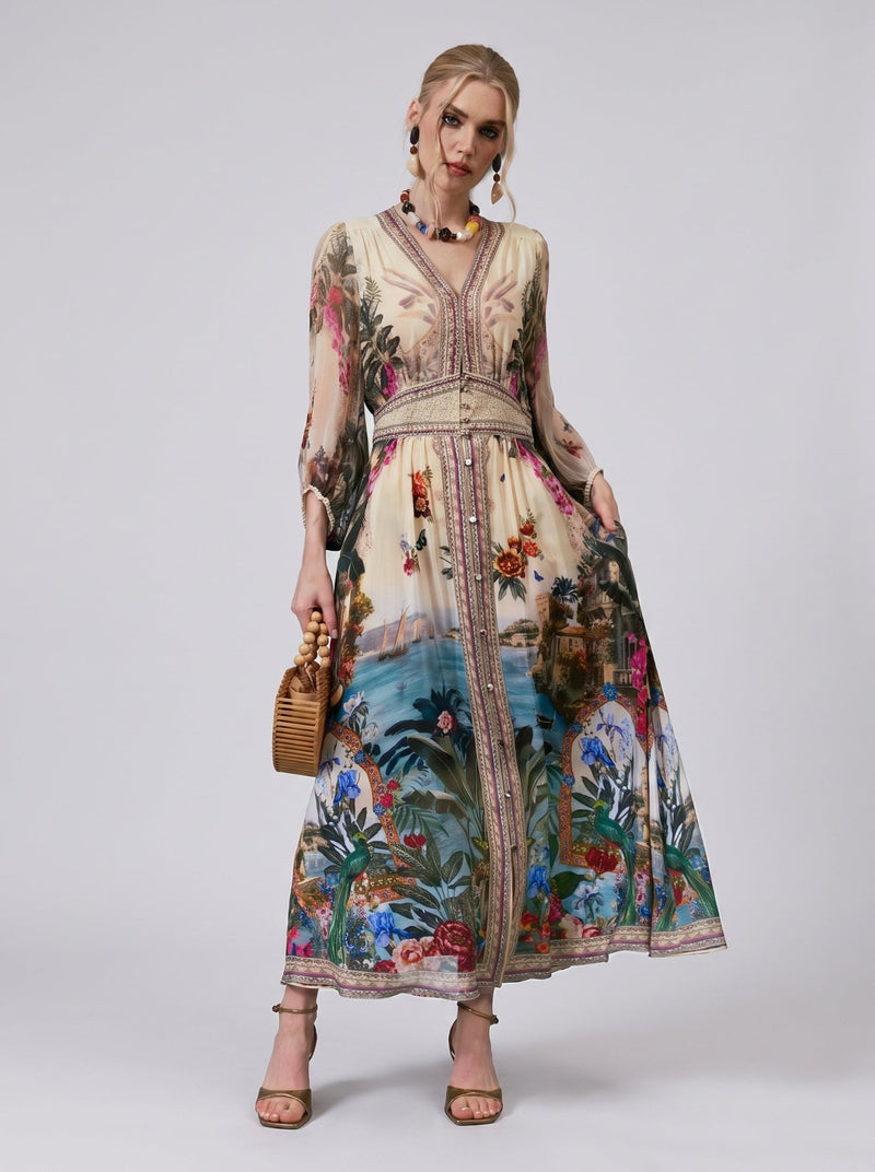 Coastal Print Mulberry Silk Dress - Social Queen