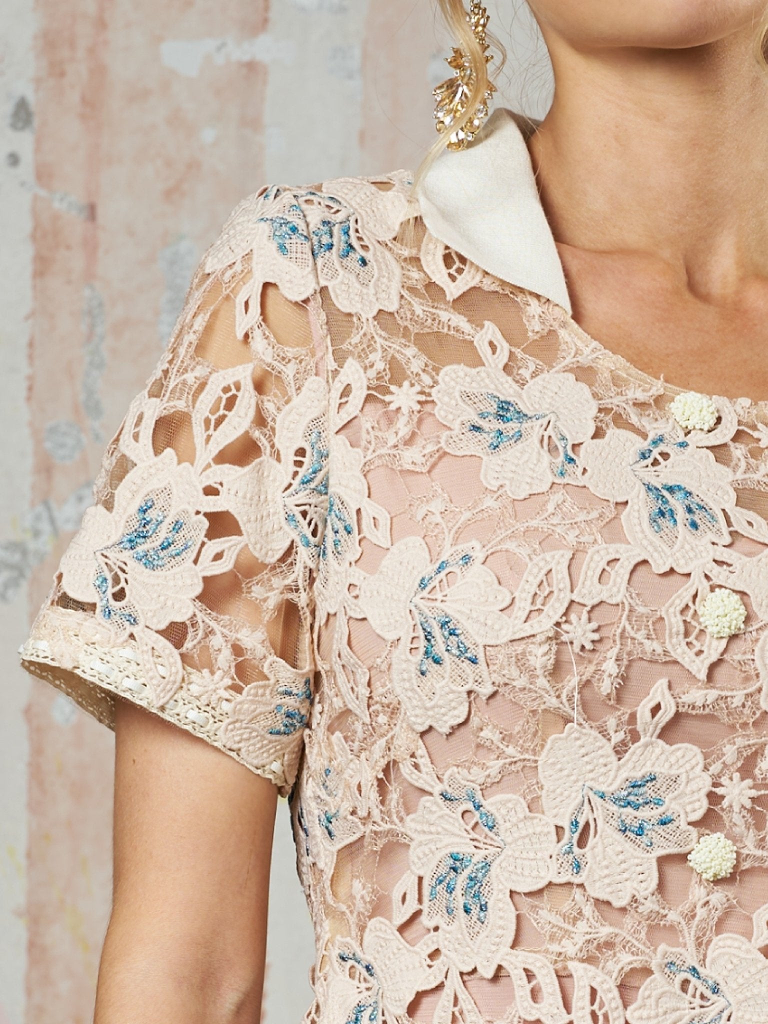 A person wearing the Social Queen Contrast Floral Embroidered Mini Dress, featuring a short-sleeved, sheer lace top with blue and white floral embroidery and a crisp white collar. Only their upper torso and part of their face are visible.