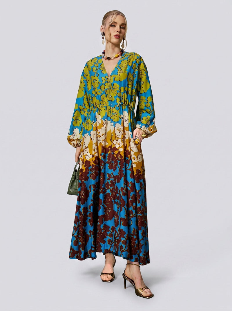 Contrast Floral Print Silk Cotton Dress - Social Queen