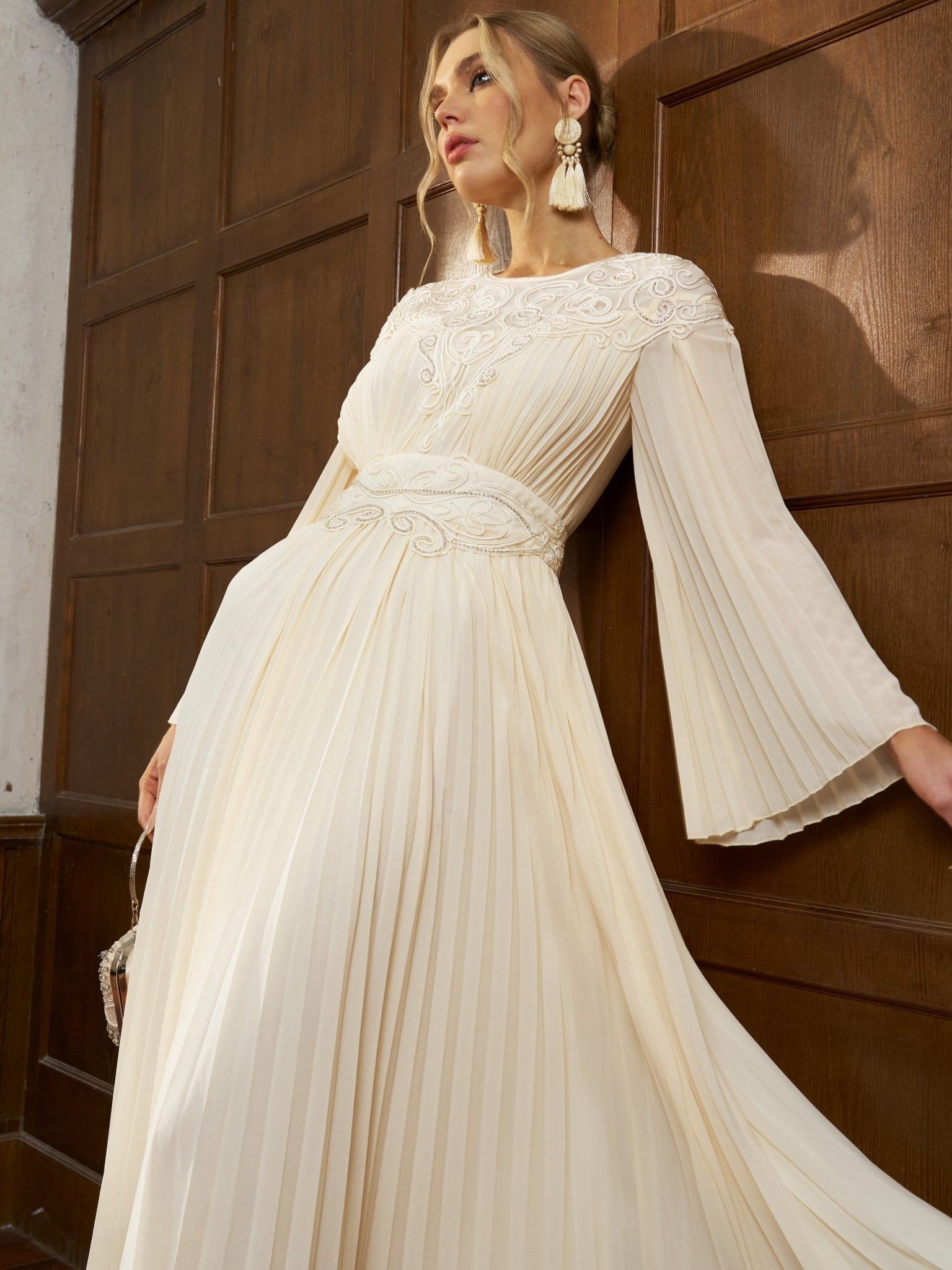 Cord Embroidered Pleated Dress - Social Queen