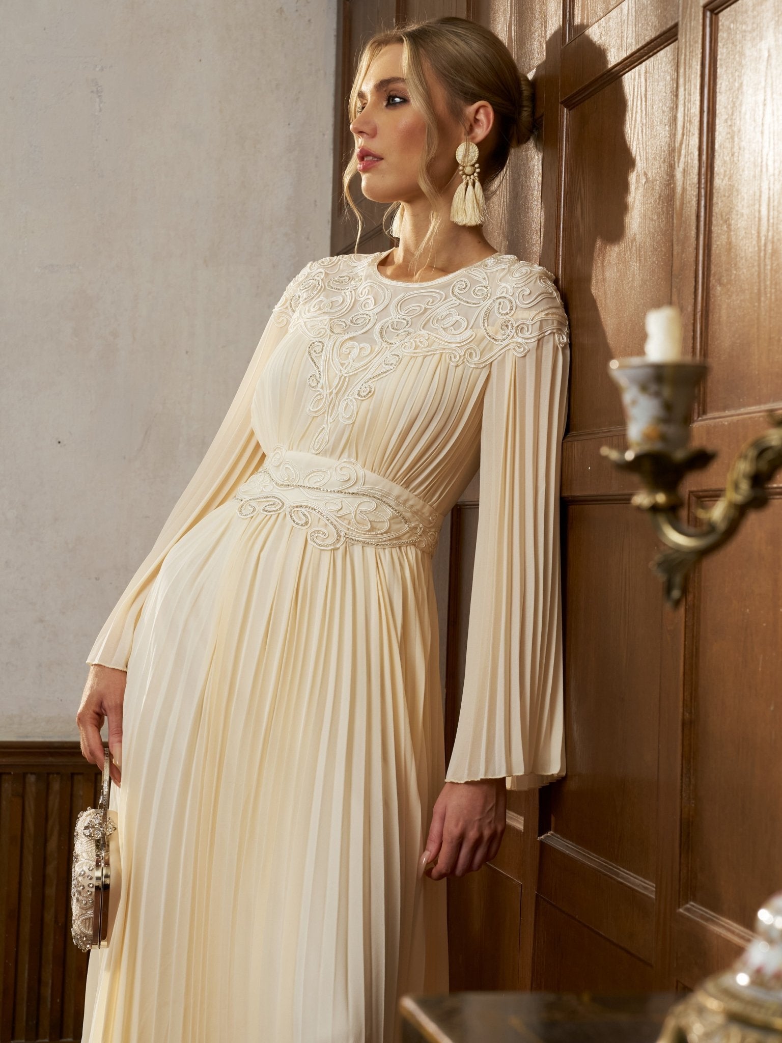 Cord Embroidered Pleated Dress - Social Queen