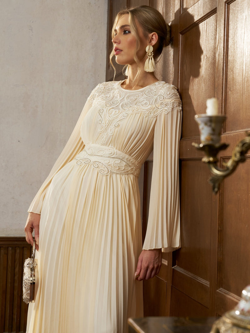Cord Embroidered Pleated Dress - Social Queen