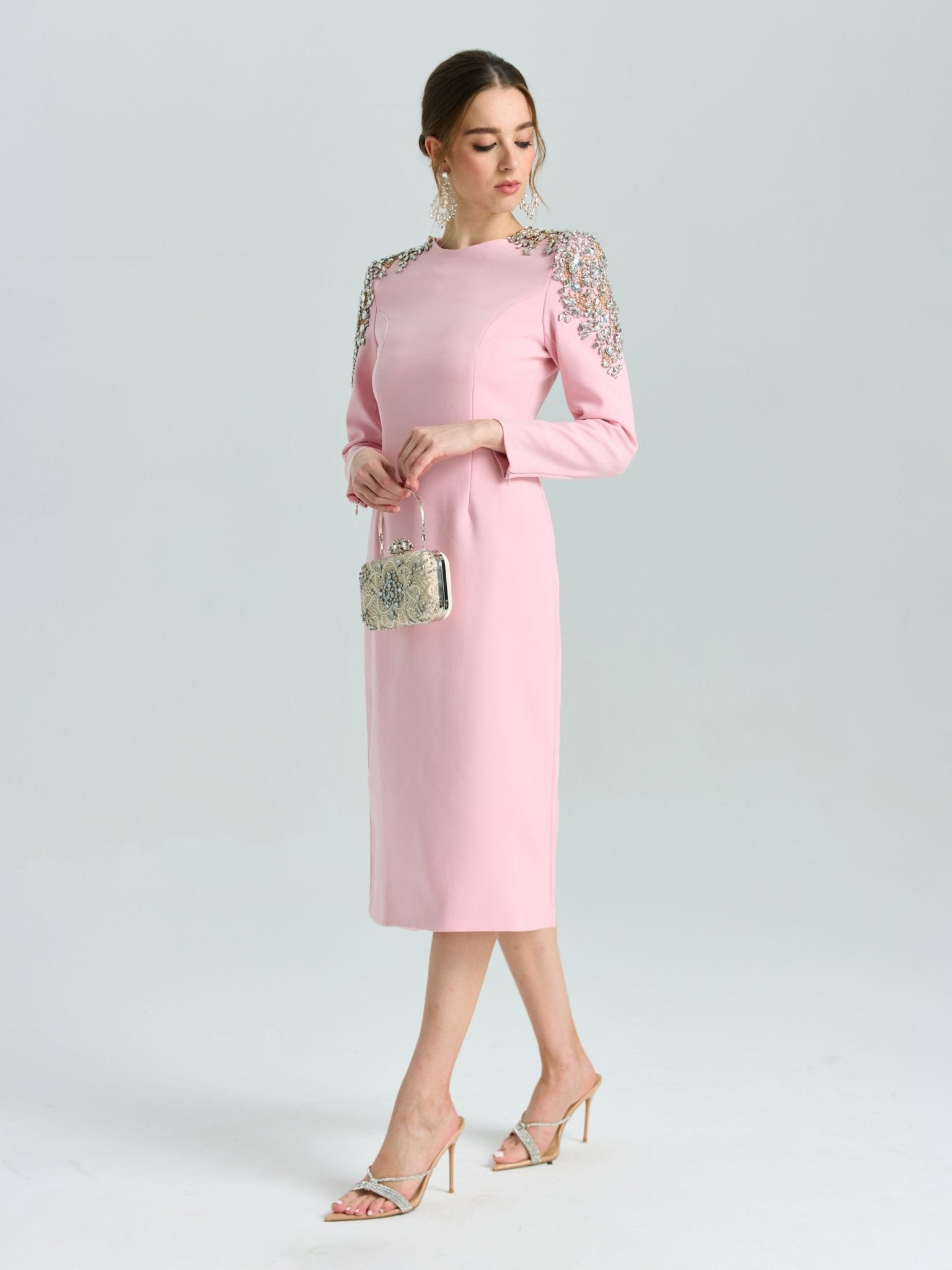 Crystal Beaded Detail Midi Dress - Social Queen