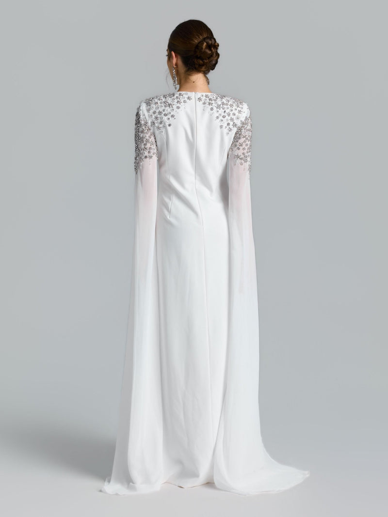 Crystal Cape Sleeve Evening Gown - Social Queen