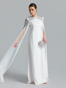 Crystal Cape Sleeve Evening Gown - Social Queen