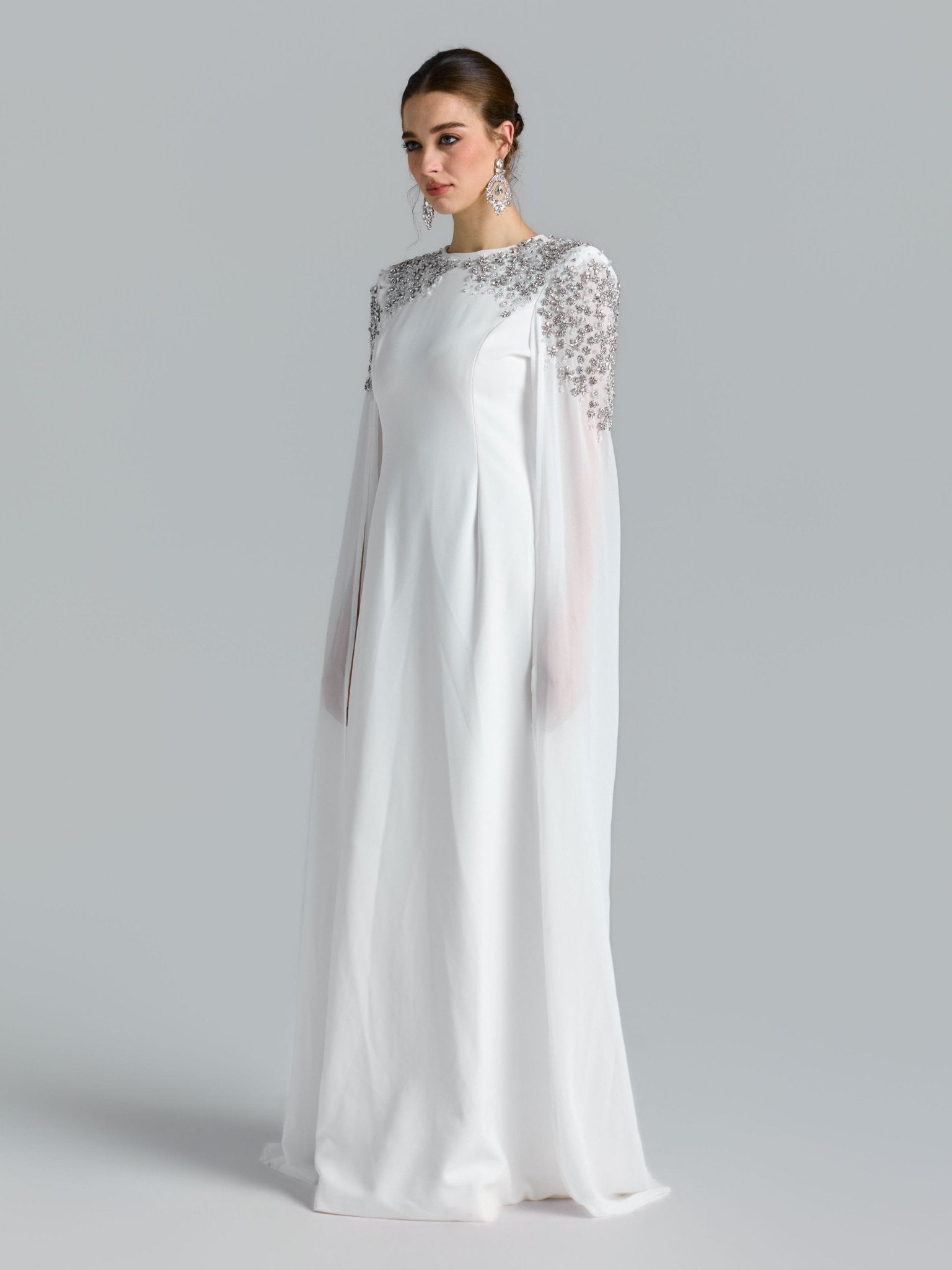 Crystal Cape Sleeve Evening Gown - Social Queen
