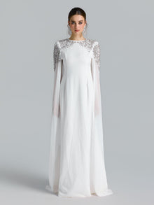 Crystal Cape Sleeve Evening Gown - Social Queen
