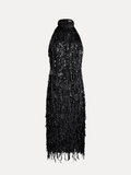 The Social Queen Crystal-Embellished Sequin Fringe Halter Dress features shimmering sequins and cascading fringe, making it an ideal formal dress. Shown against a plain white background.