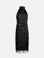 The Social Queen Crystal-Embellished Sequin Fringe Halter Dress features shimmering sequins and cascading fringe, making it an ideal formal dress. Shown against a plain white background.