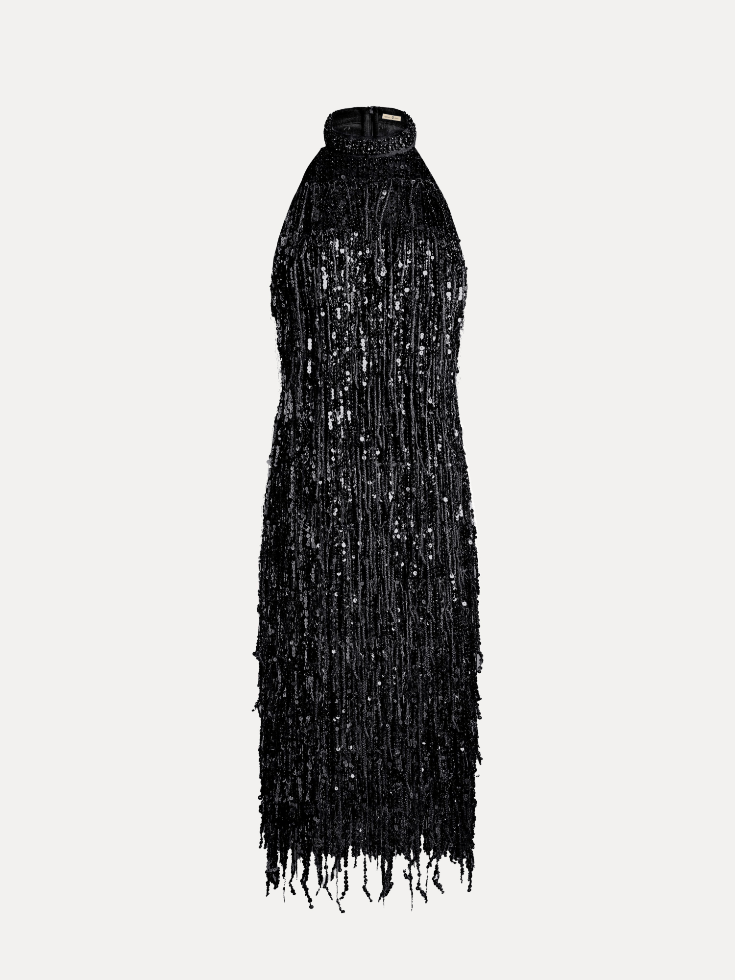 The Social Queen Crystal-Embellished Sequin Fringe Halter Dress features shimmering sequins and cascading fringe, making it an ideal formal dress. Shown against a plain white background.